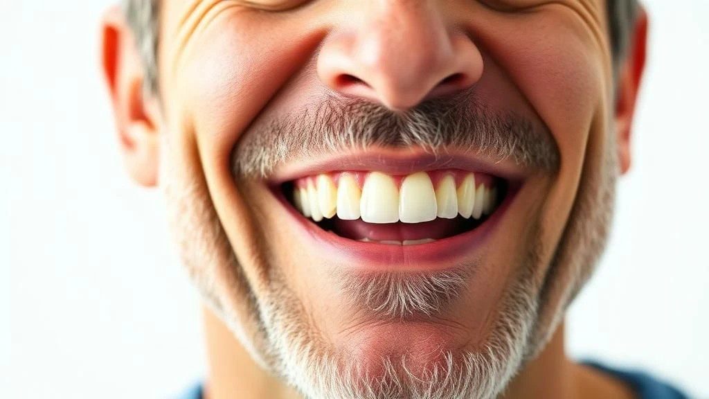 Close up middle-aged man smiling after dental implants