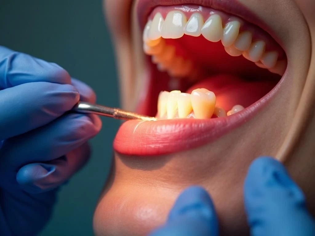 woman having her mouth inspected by oral surgeon